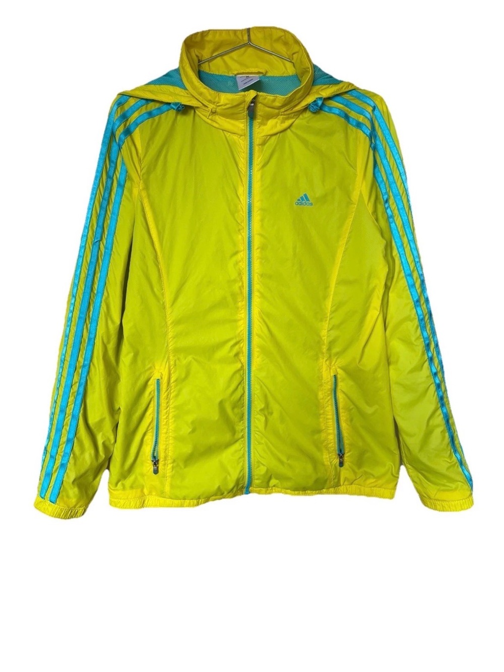 Adidas Nylon Jacket in Neon Yellow Teal Turquoise with lining and hood